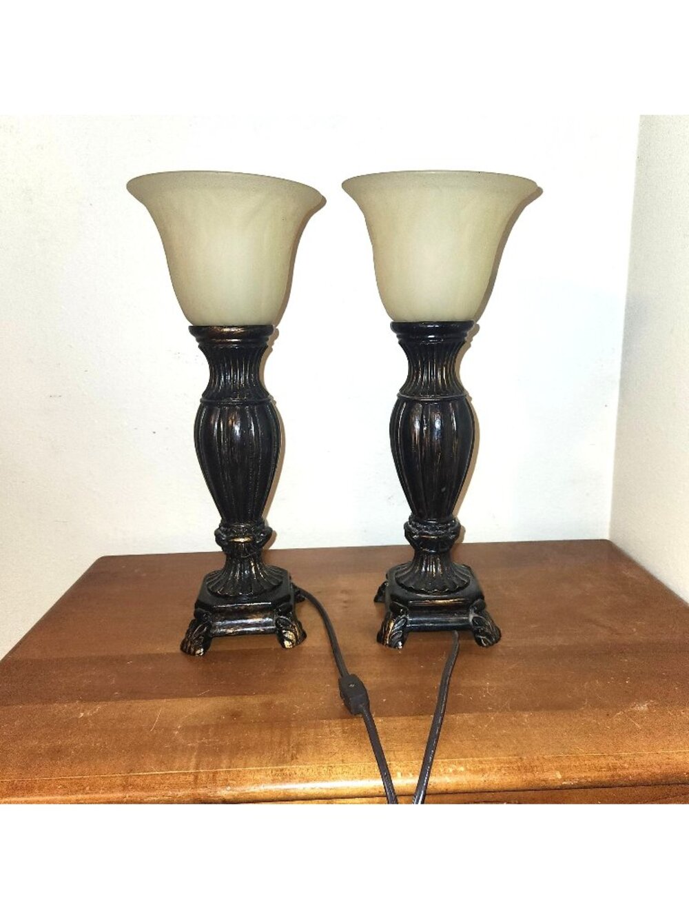 Pair Of Vintage Black & Gold Buffet Table Lamps with Scalloped Shades